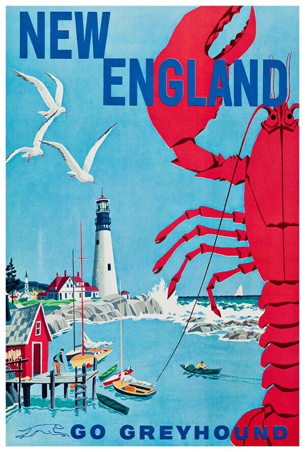 New England - Greyhound Bus Line - 1960s Vintage US Travel Poster