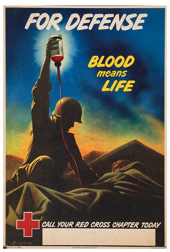 For Defense - Blood Means Life - Red Cross - WW2 Poster