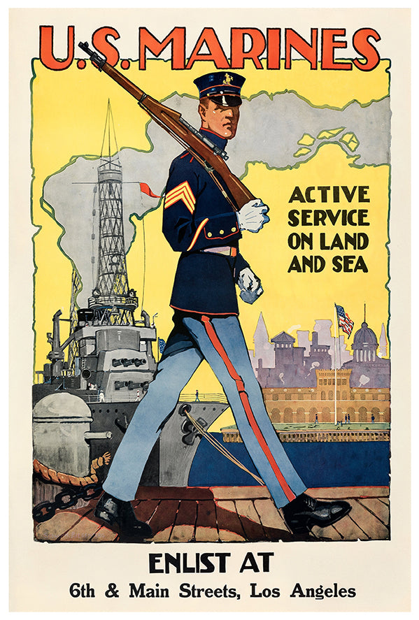 US Marines Enlistment - Land and Sea - WW2 Poster