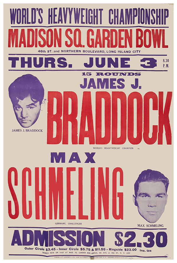 James Braddock vs Max Schmelling - 1936 - Vintage Boxing Poster