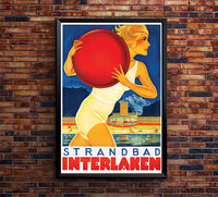 Switzerland Interlaken Beach Bath - Vintage Travel Poster