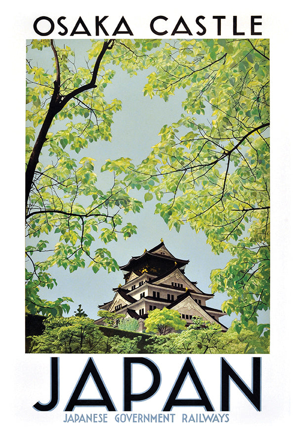 Japan - Osaka Castle - Railway - Vintage Travel Poster