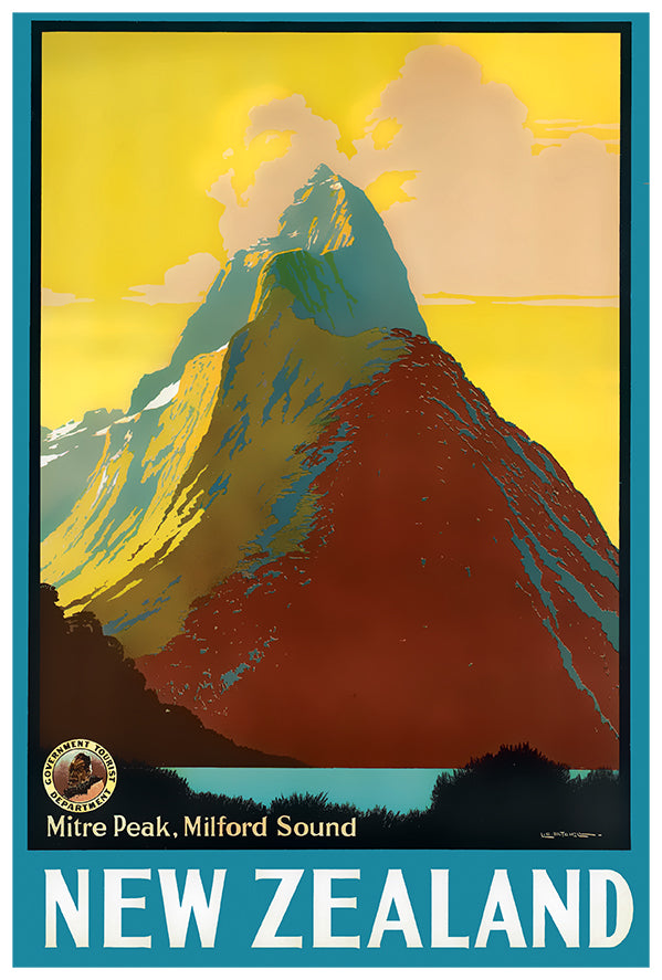 New Zealand - Mitre Peak - Vintage Travel Poster