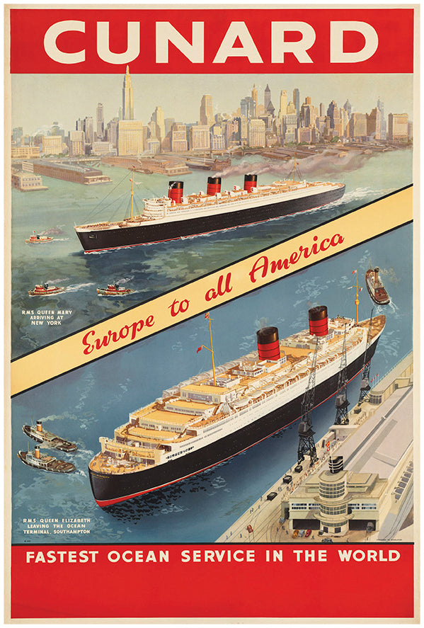 Cunard Cruise Line - Europe America 2 - Vintage Travel Poster