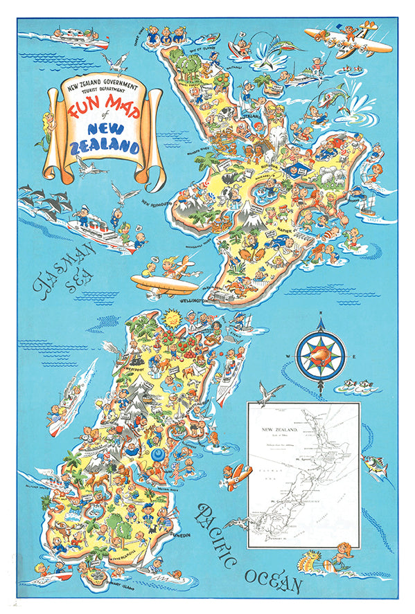 New Zealand - FunMap - Vintage Travel Poster