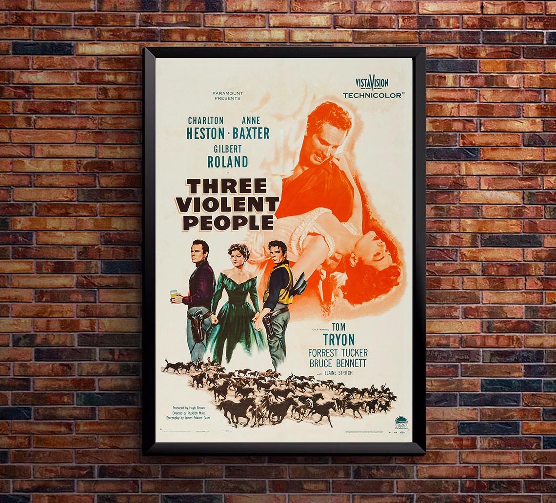 Three Violent People 1956 - Charlton Heston - Vintage Classic Movie Poster