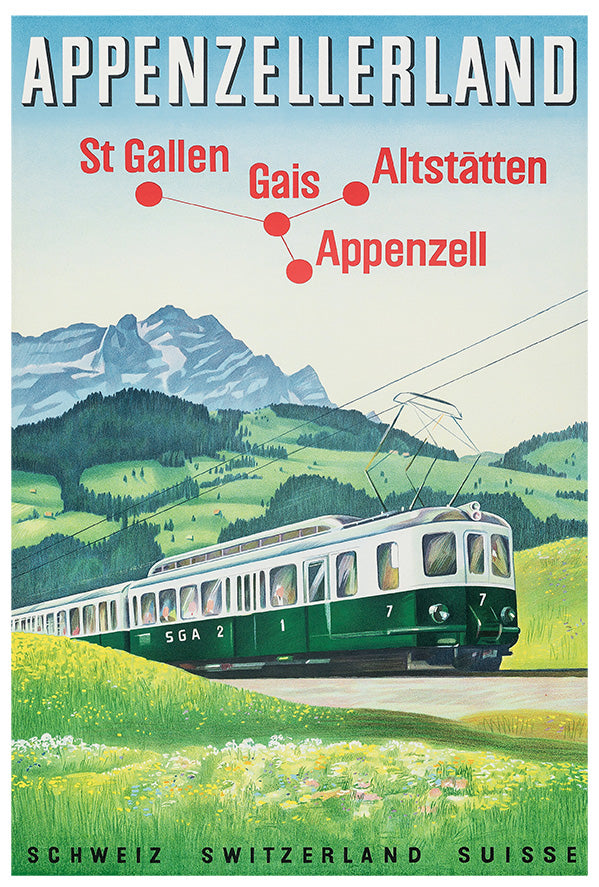 Appenzeller Land  - Switzerland Railcar - Vintage Travel Poster