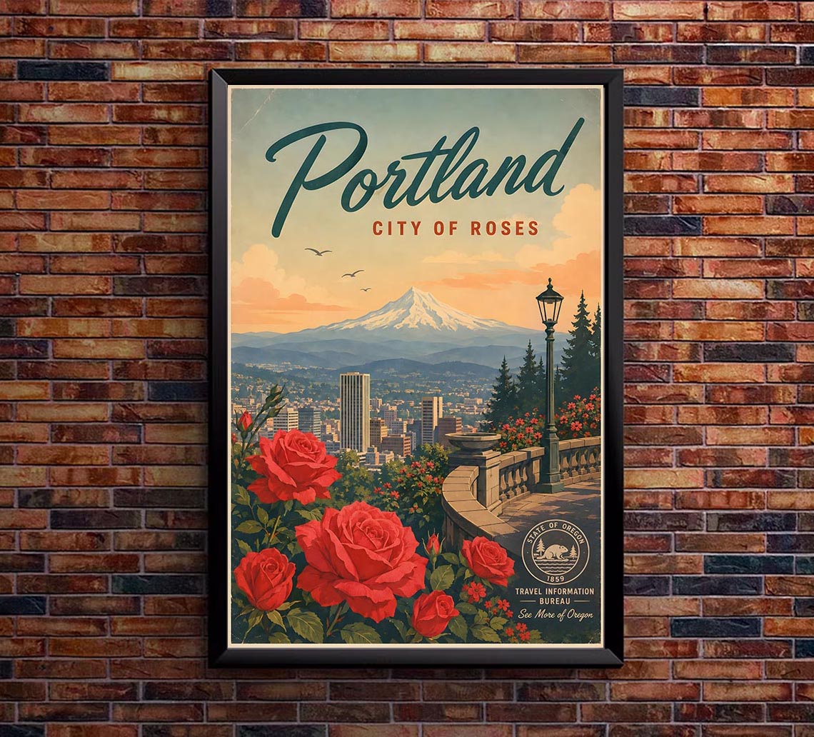 Portland - City of Roses - Vintage Tourism Travel Poster