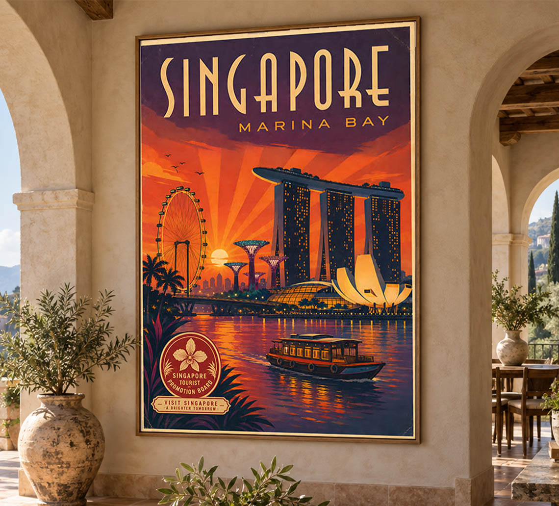 Singapore - Marina Bay - Vintage Tourism Travel Poster