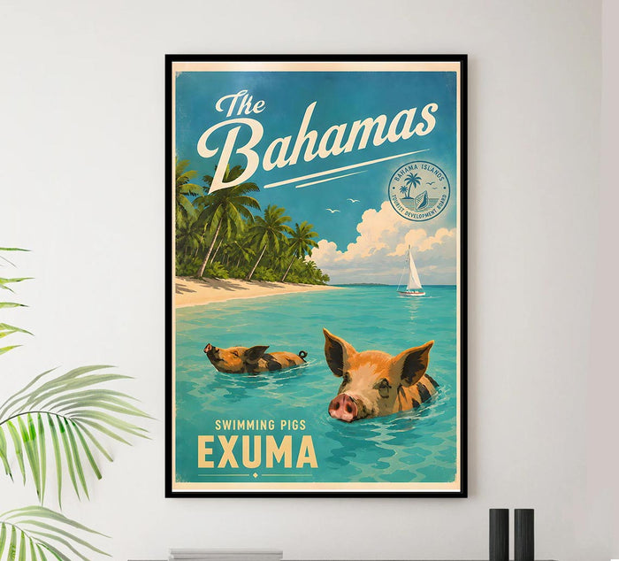 The Bahamas - Swimming Pigs of Exuma - Vintage Tourism Travel Poster