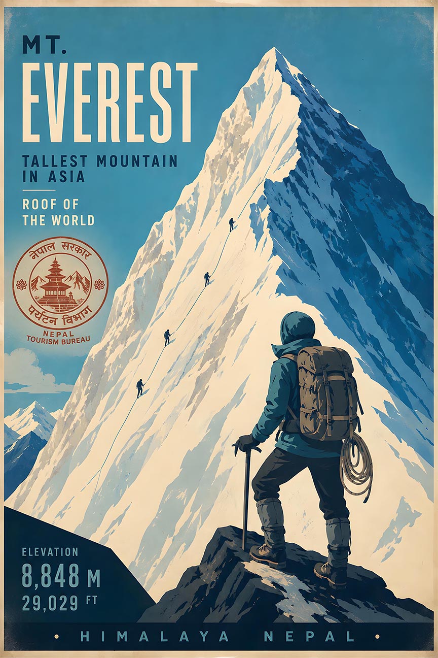 Mountain in Asia - Mt Everest - Vintage Tourism Travel Poster