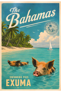 The Bahamas - Swimming Pigs of Exuma - Vintage Tourism Travel Poster