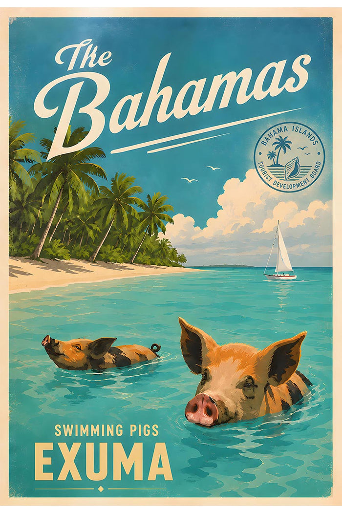 The Bahamas - Swimming Pigs of Exuma - Vintage Tourism Travel Poster
