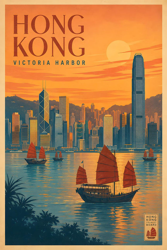 Hong Kong - Victoria Harbour - Vintage Tourism Travel Poster