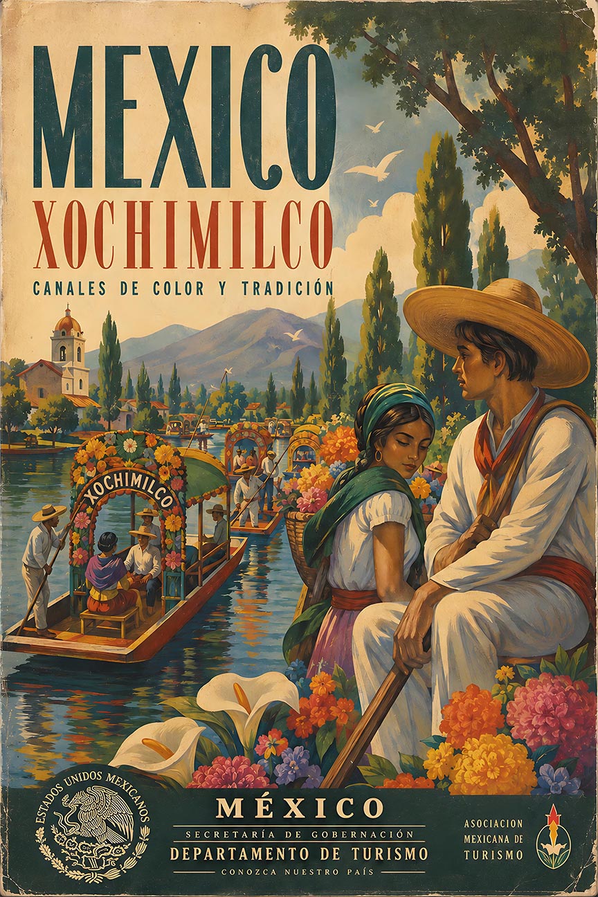 Mexico - Xochimilco - Vintage Tourism Travel Poster
