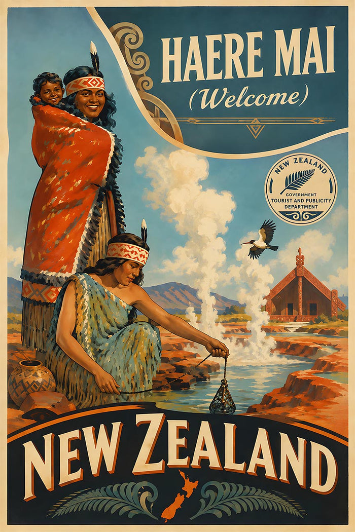 New Zealand - Haere Mai - Vintage Tourism Travel Poster