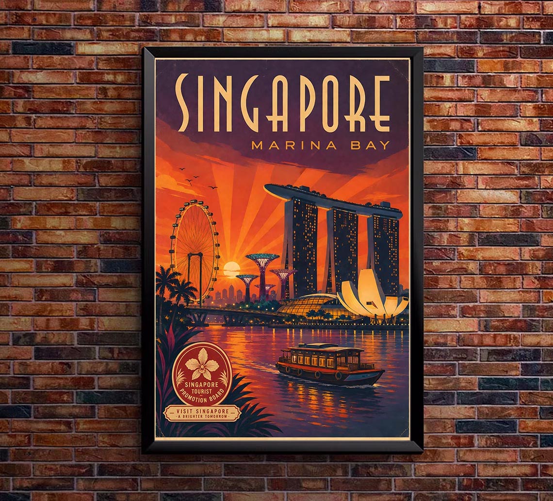 Singapore - Marina Bay - Vintage Tourism Travel Poster
