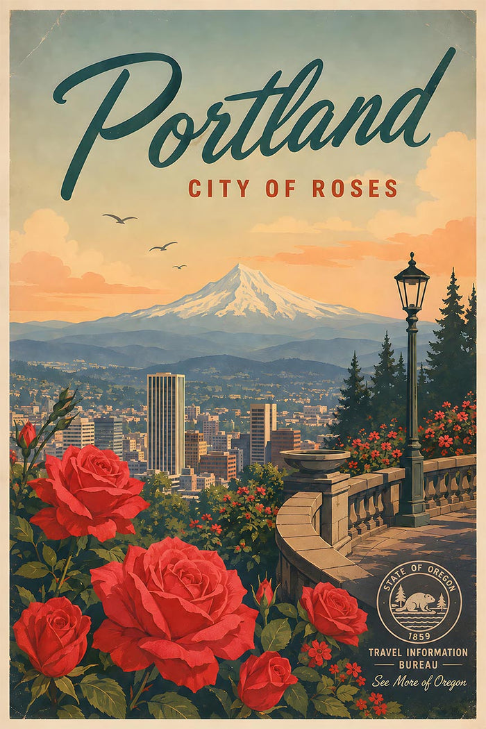 Portland - City of Roses - Vintage Tourism Travel Poster