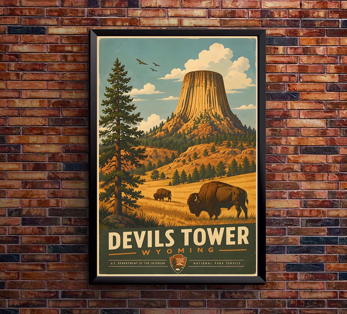 Wyoming - Devil s Tower v1 - Vintage Tourism Travel Poster