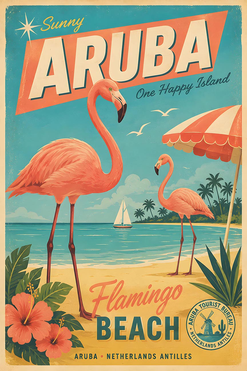Aruba - Flamingo - Vintage Tourism Travel Poster
