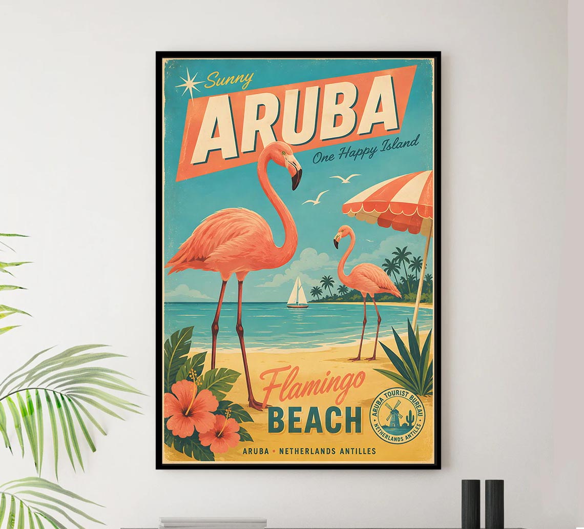 Aruba - Flamingo - Vintage Tourism Travel Poster