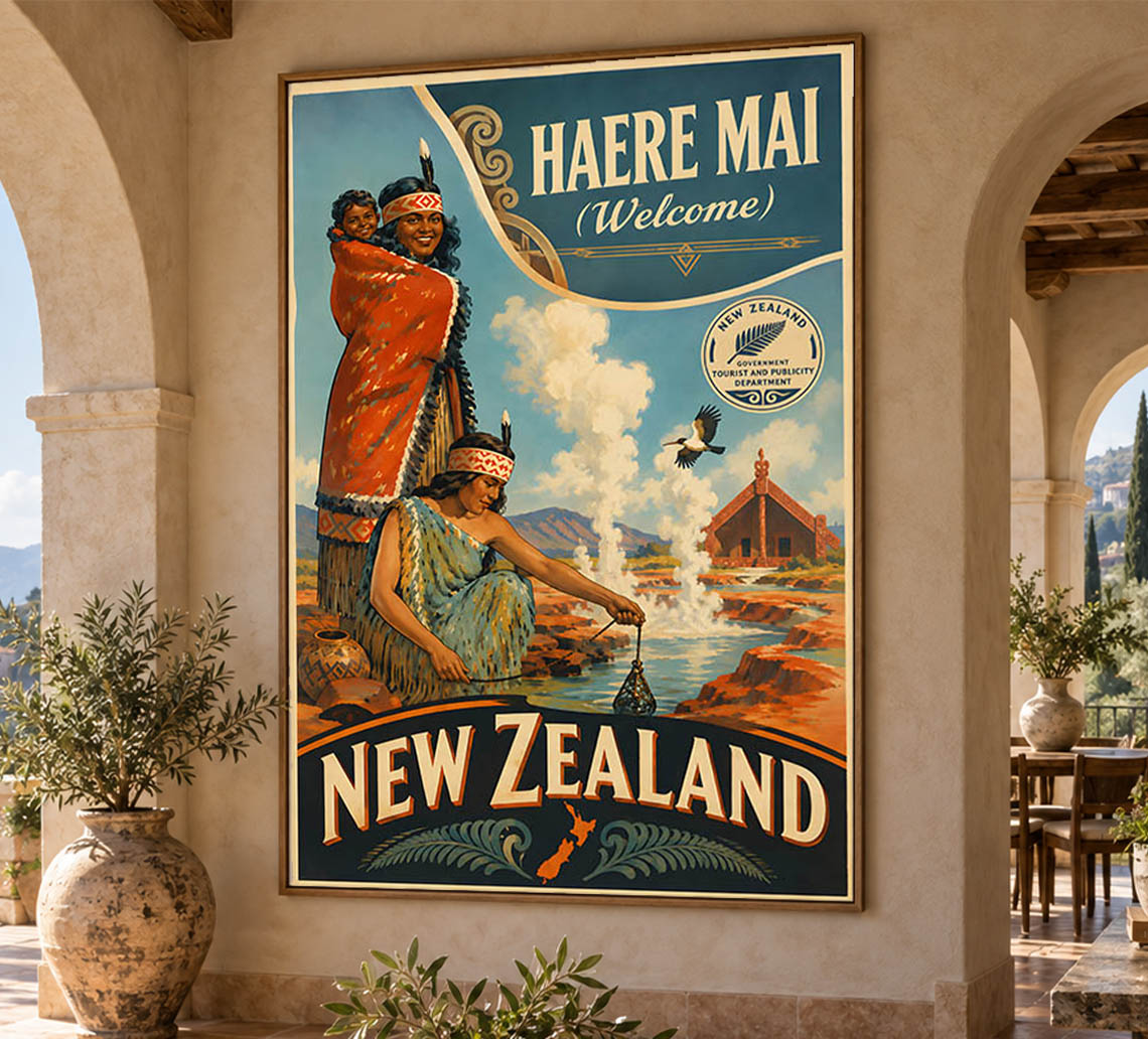 New Zealand - Haere Mai - Vintage Tourism Travel Poster