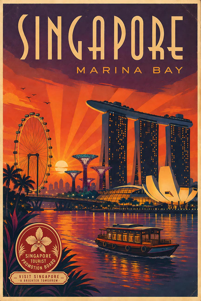 Singapore - Marina Bay - Vintage Tourism Travel Poster