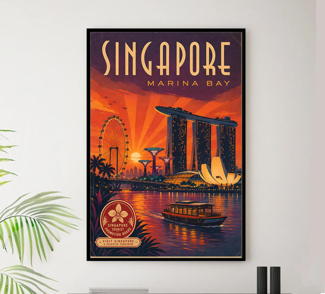 Singapore - Marina Bay - Vintage Tourism Travel Poster