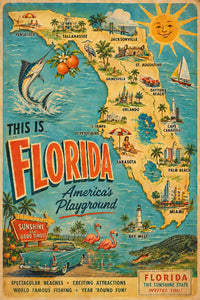 Florida - Greetings from Florida - Map - Vintage Tourism Travel Poster