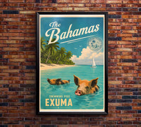 The Bahamas - Swimming Pigs of Exuma - Vintage Tourism Travel Poster