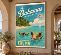 The Bahamas - Swimming Pigs of Exuma - Vintage Tourism Travel Poster