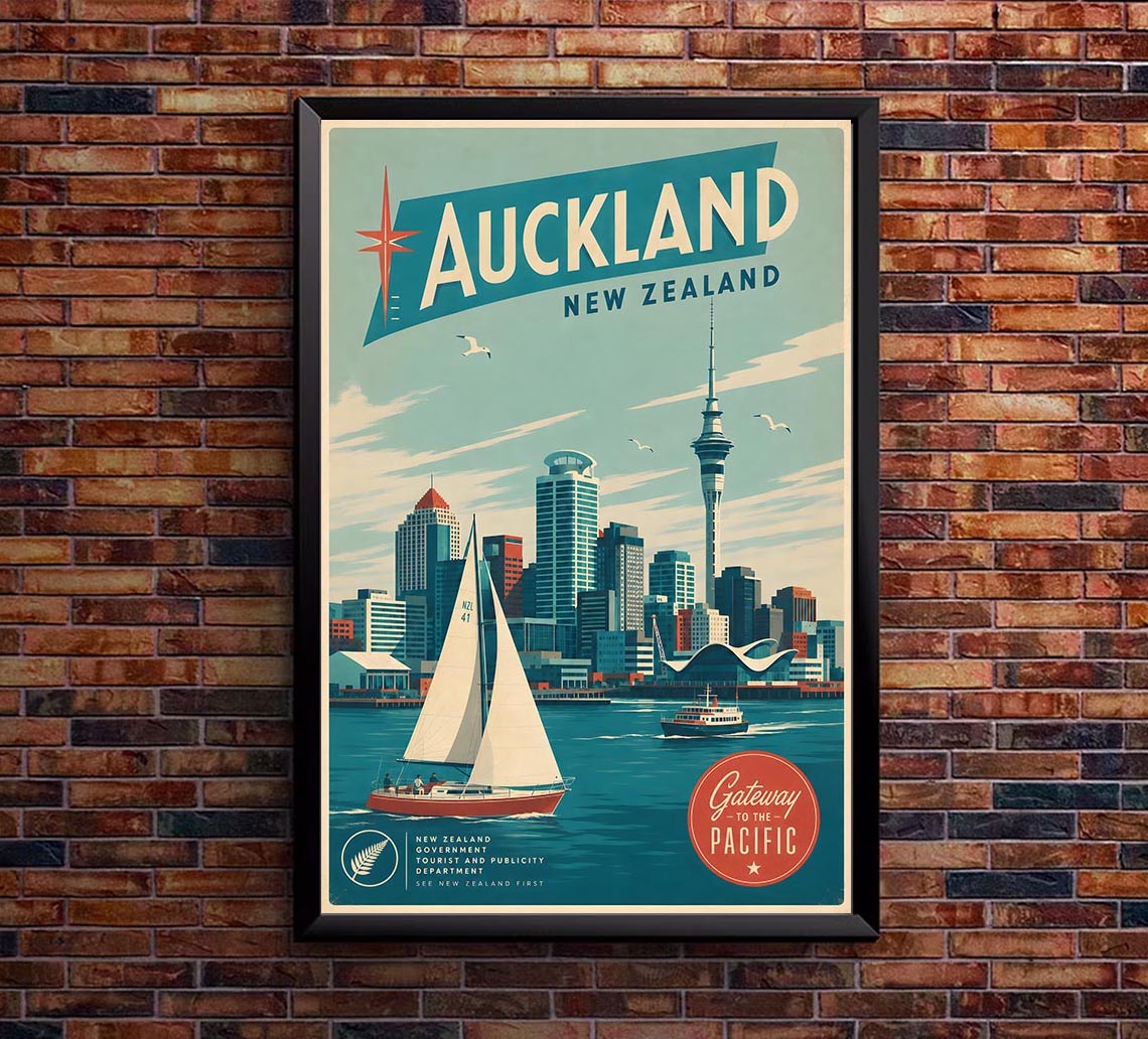 New Zealand - Auckland 2 - Vintage Tourism Travel Poster