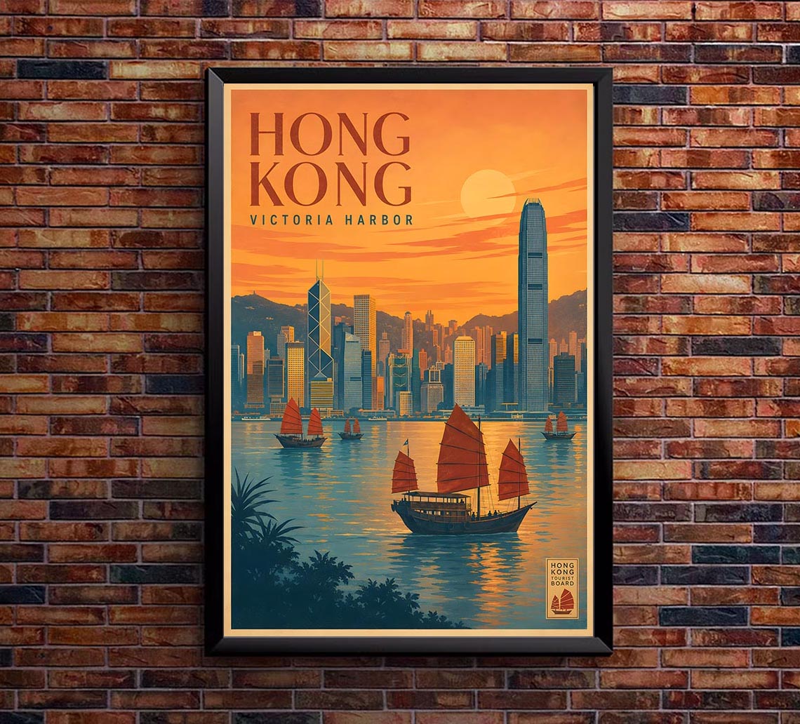 Hong Kong - Victoria Harbour - Vintage Tourism Travel Poster