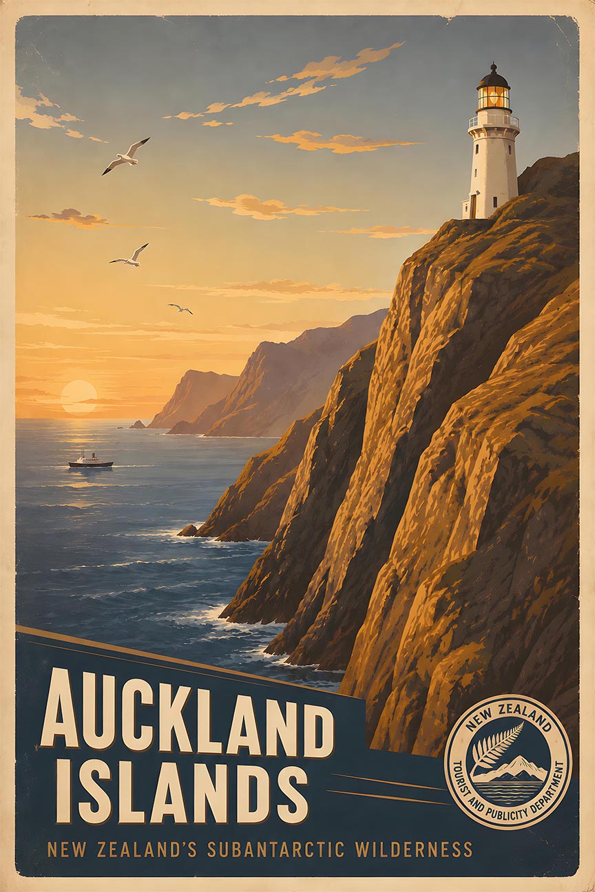 New Zealand - Auckland Islands - Vintage Tourism Travel Poster