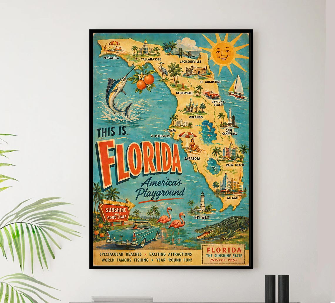 Florida - Greetings from Florida - Map - Vintage Tourism Travel Poster