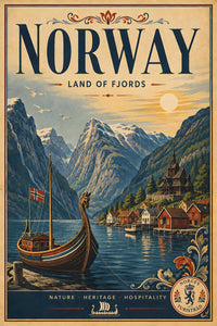 Norway - Land of Fjords - Vintage Tourism Travel Poster
