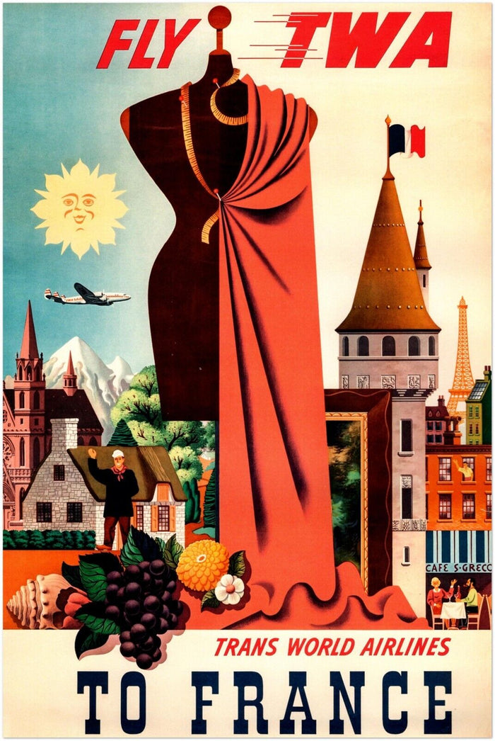 France - Fly TWA to France - Vintage Airline Travel Poster Travel Posters