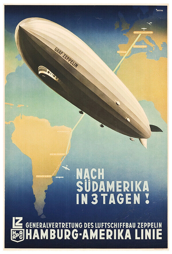 Graf Zeppelin - Hamburg to America Line - 1937 - Vintage Airline Travel Poster