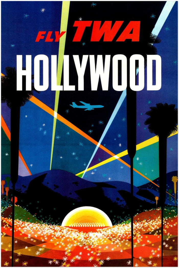 Hollywood - Fly TWA - Vintage Airline Travel Poster Travel Posters