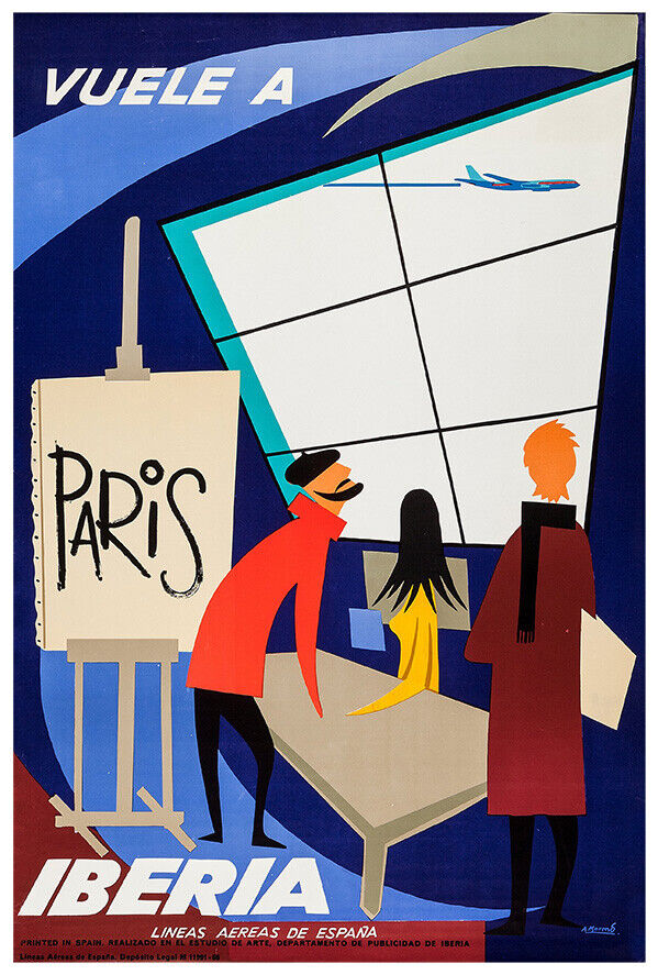 Iberia - Paris - Spanish Airline - 1960s - Vintage Airline Travel Poster