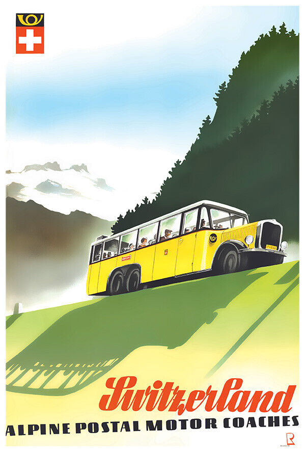 Switzerland - Alpine Postal Motor Coaches  - Vintage Travel and Tour Poster