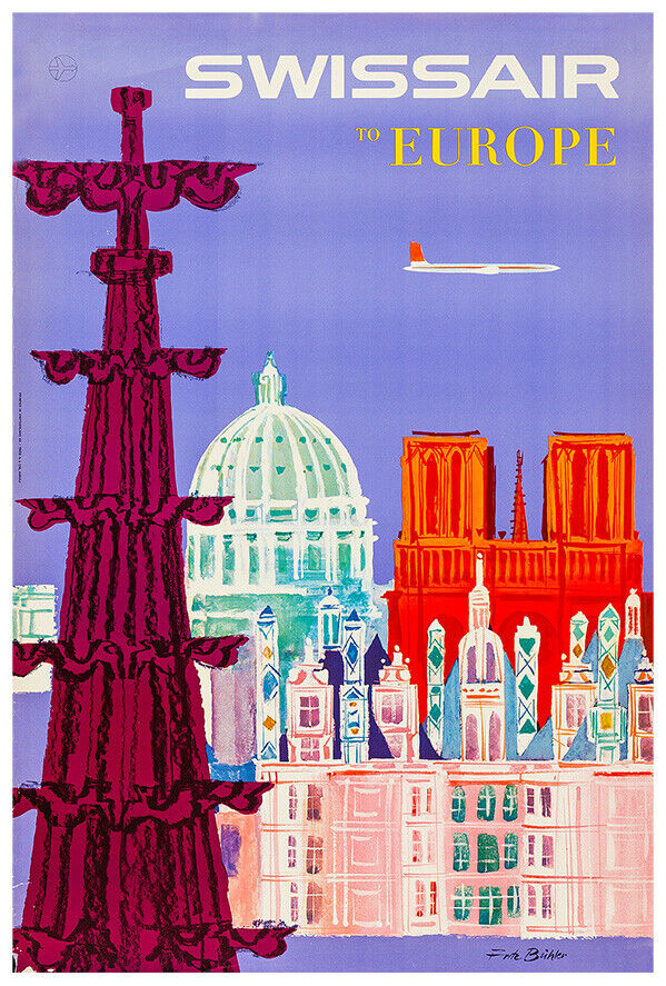 Swissair - To Europe - 1960s - Vintage Airline Travel Poster