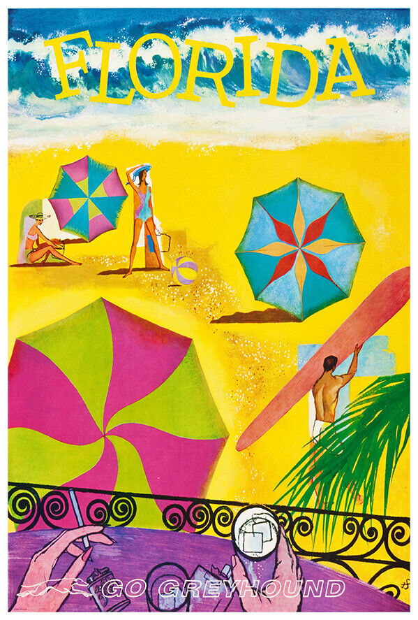 Florida - Beach - Greyhound Bus Line - 1960s Vintage US Travel Poster