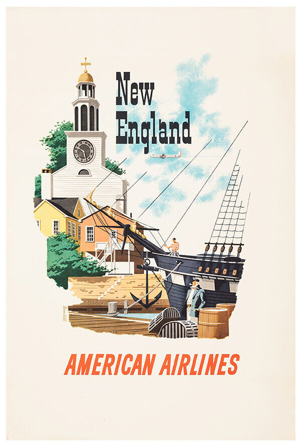 American Airlines - New England - Boston  - Vintage Airline Travel Poster