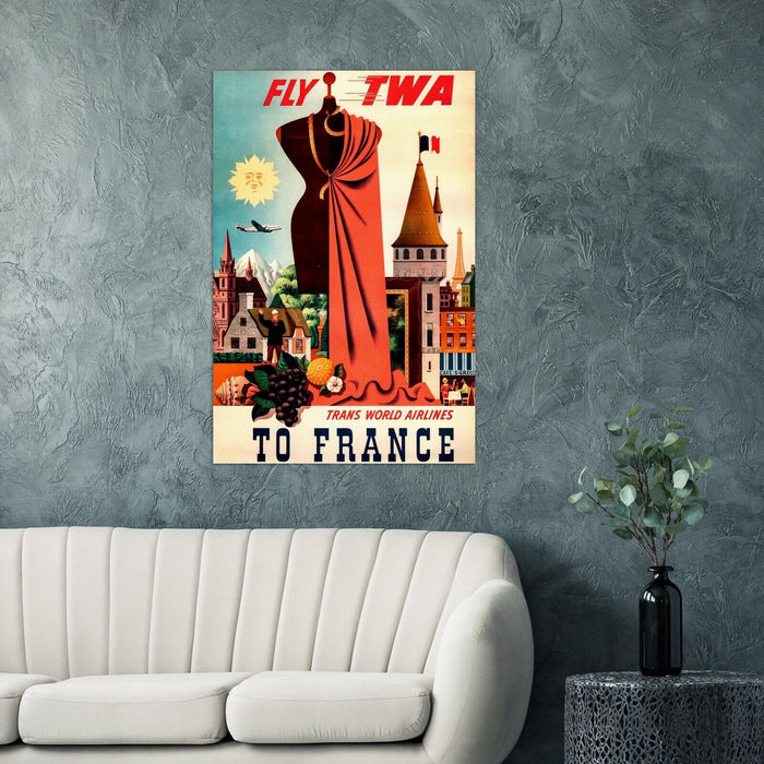 France - Fly TWA to France - Vintage Airline Travel Poster Travel Posters