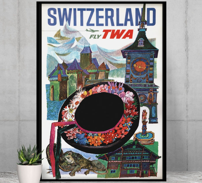 Switzerland - Fly TWA - Vintage Airline Travel Poster Travel Posters