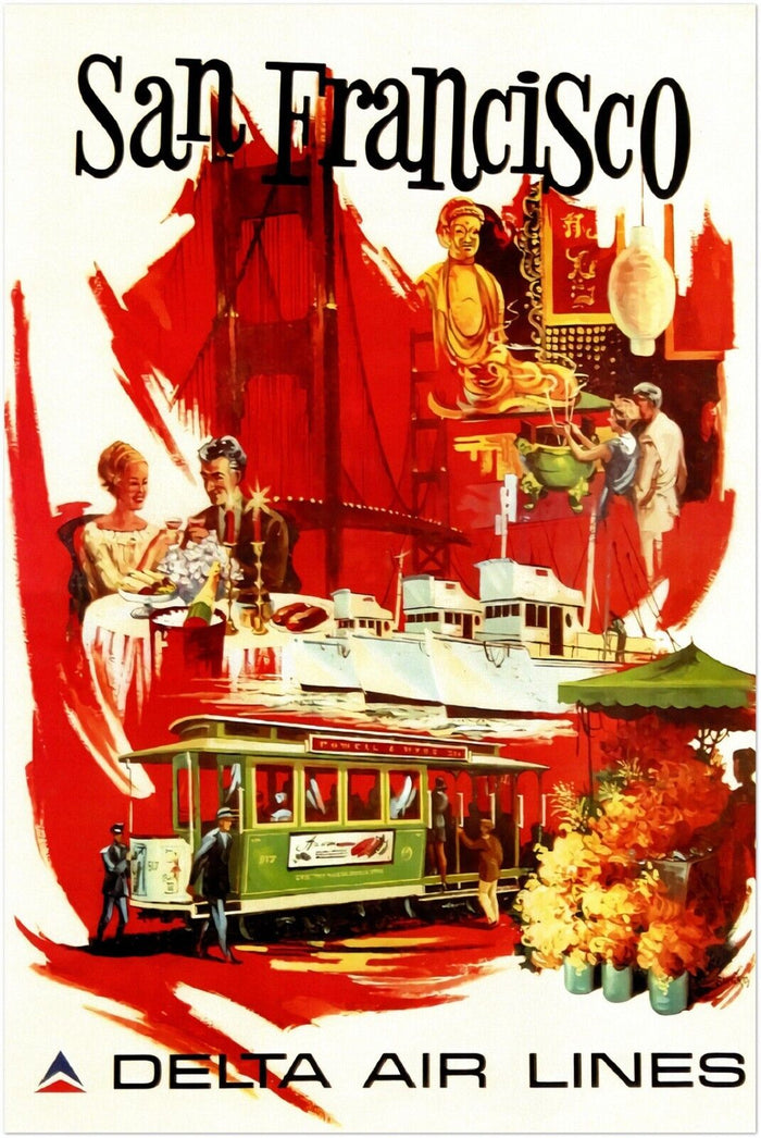 San Francisco - Delta Air Lines Airline Vintage Travel Poster, Retro Posters