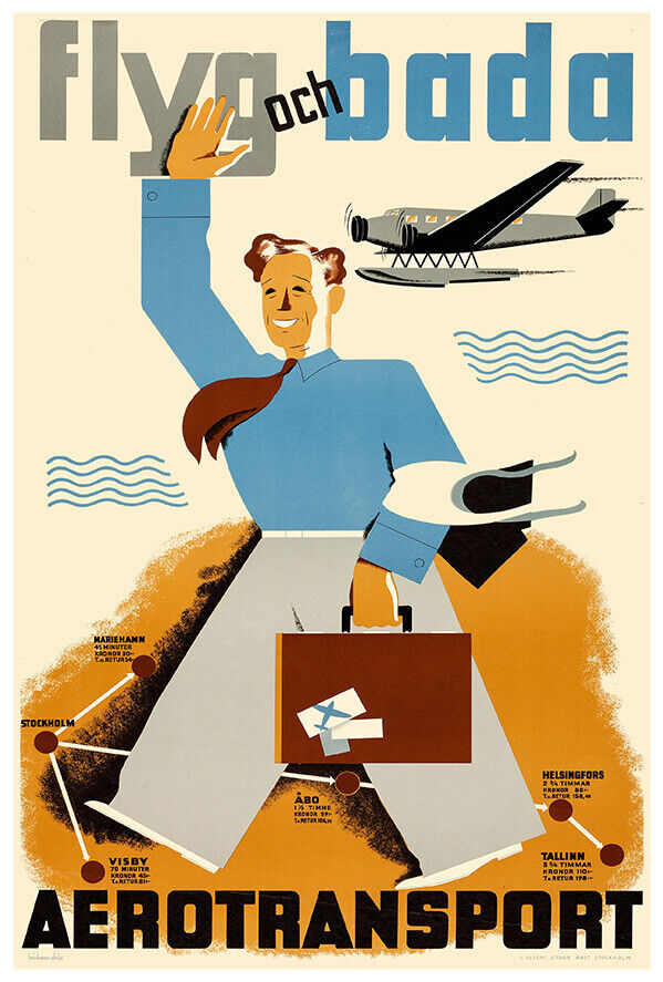 AB Aerotransport - Fly and Swim Sweden - 1935 - Vintage Airline Travel Poster