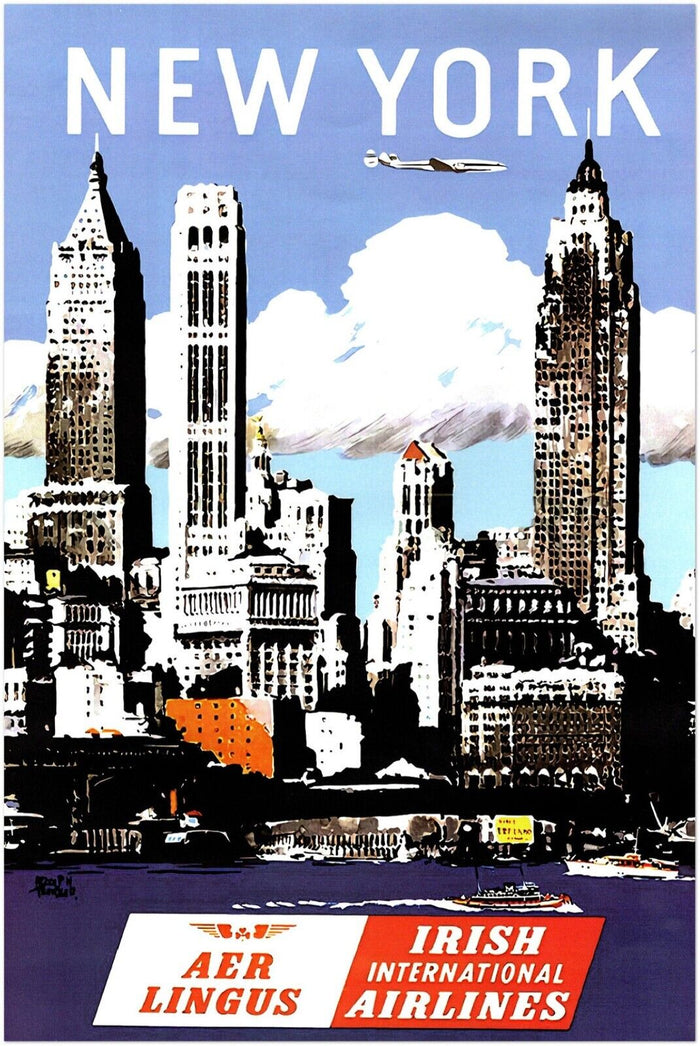 Irish Airlines - New York - Airline Vintage Travel Poster, Retro Posters