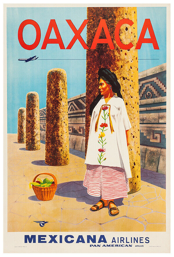 Mexicana Airlines - Pan Am - Mexico - Oaxaca - Vintage Travel Poster